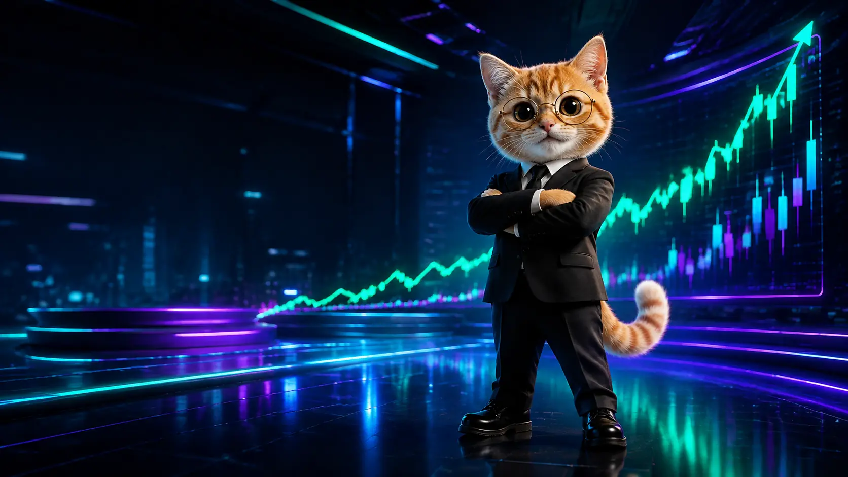 SOLCAT, an orange cat in a black suit and round glasses, standing before a rising neon chart